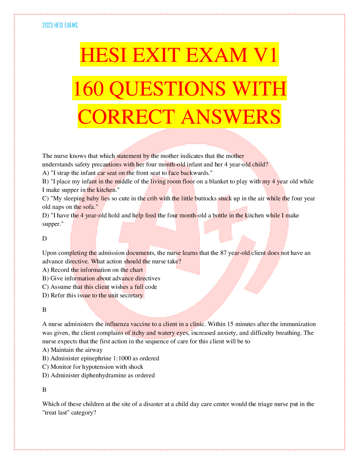 Preview image for HESI EXIT EXAM V1 160 QUESTIONS WITH CORRECT ANSWERS